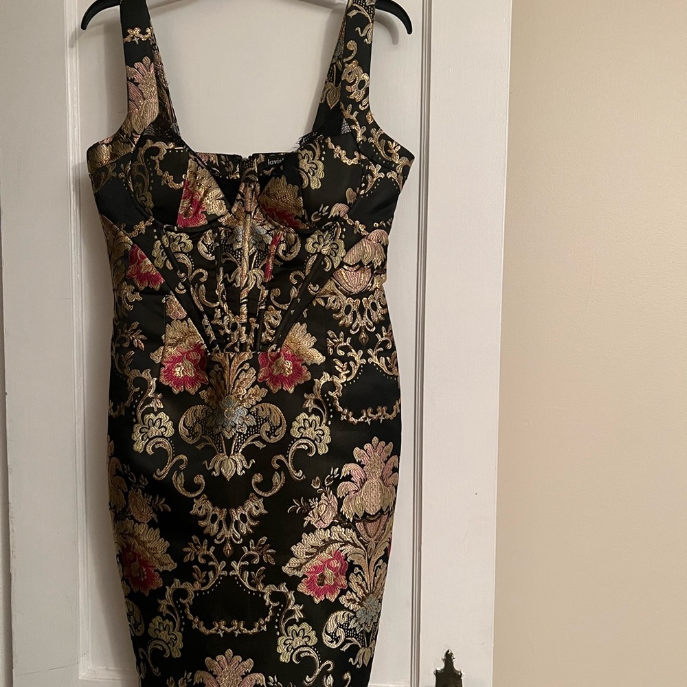 Lavish Alice Baroque Brocade Lace Trim Corseted Midi Dress